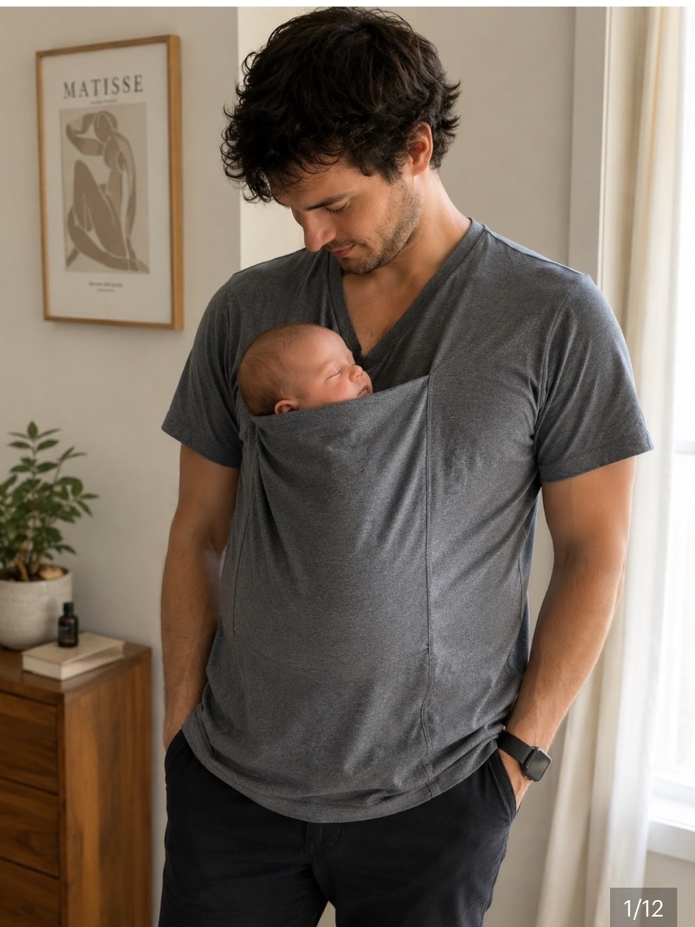 Lalabu Grey Baby Dad Short-Sleeve Tee Pouch Maternity Casual Cozy Medium Mens